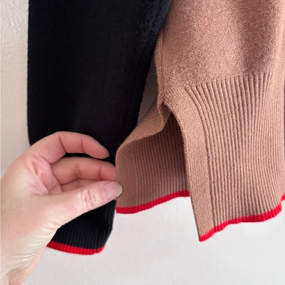 Tahari Colorblock Cowlneck Sweater in Camel, Black and Red Trim size M - Picture 5 of 6